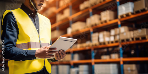 Busy Warehouse Worker Checking Orders and Managing Inventory with Clipboard in an Industrial Distribution Center © SHOTPRIME STUDIO