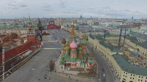 Townscape with crowd of people on red square near Saint Basil Cathedral