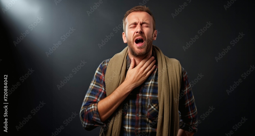 Man suffering from chest pain on black background. Health care concept.