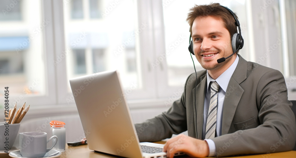 Portrait of a smiling young businessman working at his desk in an office Portrait of a smiling young businessman working at his desk in an office