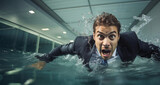 Scared businessman swimming in the pool with water splashes around him