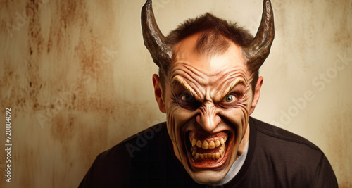 Angry man with horns and a black t-shirt on a wooden background © YannTouvay
