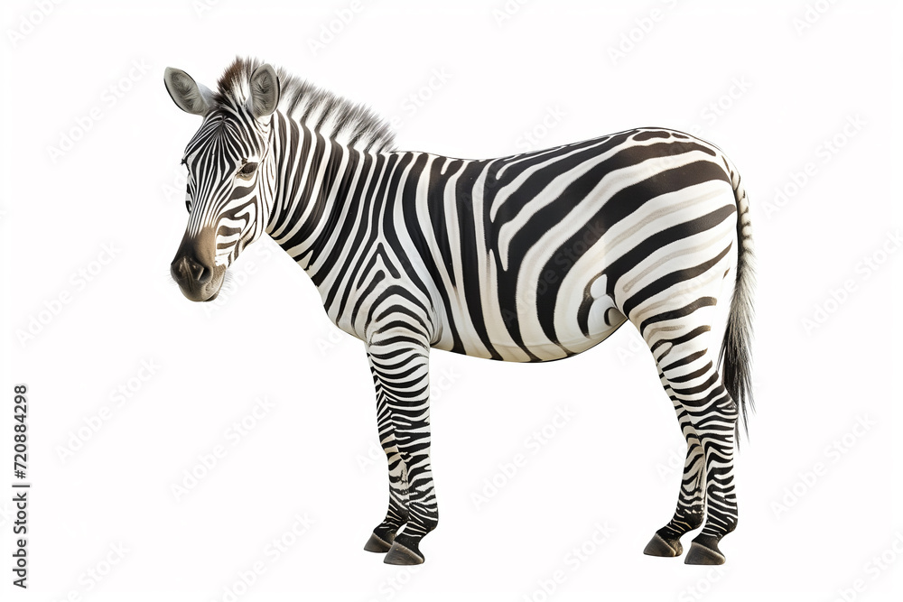 Obraz premium A stunning, high-resolution image of a zebra isolated on a white background, showcasing its iconic black and white stripes