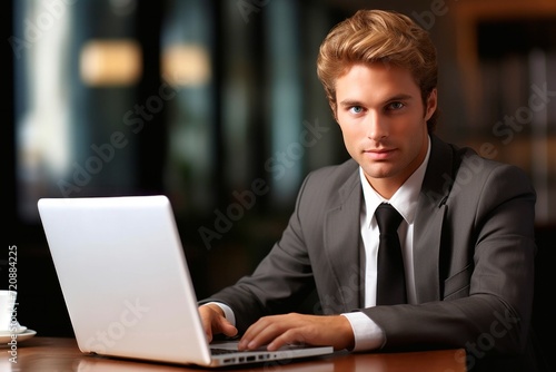 Portrait of a handsome young businessman sitting at the table with laptop