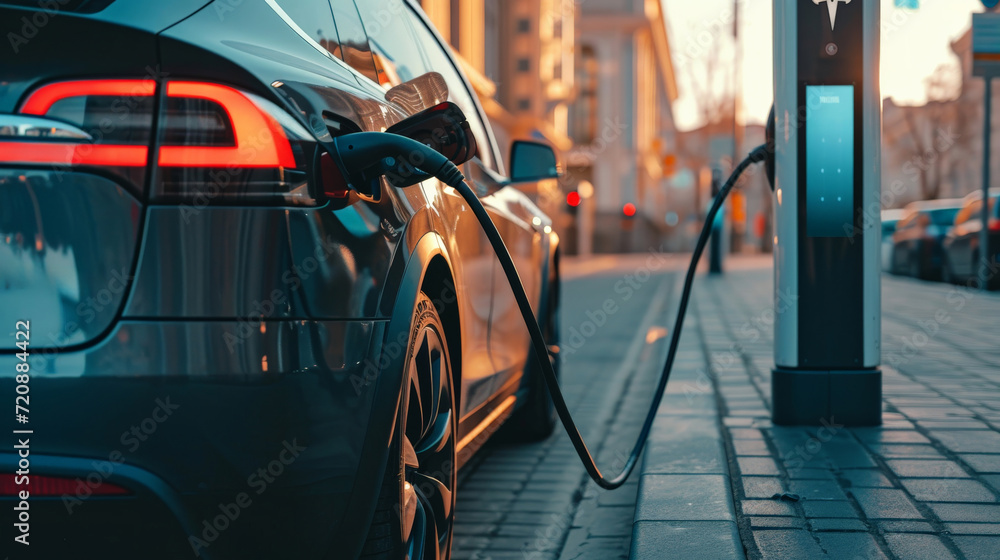 EV car plugged in charger and EV Charger station. Electric car charger station near the highway. Electric car. Zero emission car charging. Carbon free EV car plugged in charger and EV Charger station. Electric car charger station near the highway. Electric car. Zero emission car charging. Carbon free