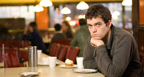Portrait of a pensive young man sitting in a coffee shop