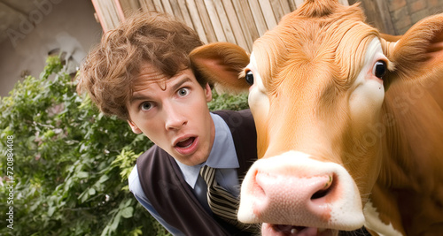 Scared young businessman looking at a cow in a barnyard. © YannTouvay