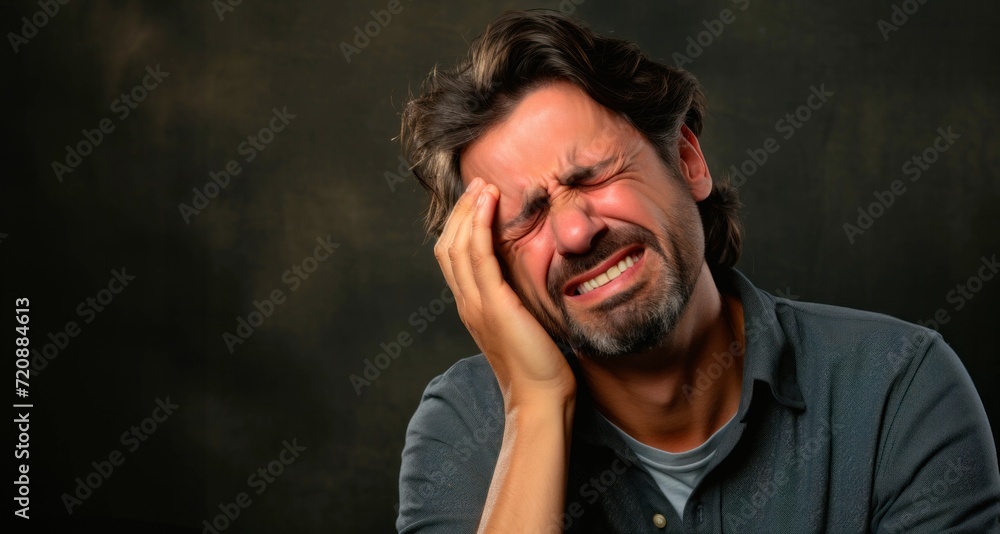 Man with beard suffering from toothache, migraine or toothache on dark background