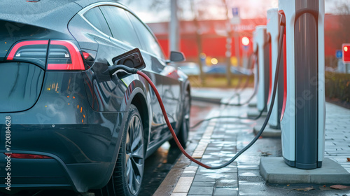 EV car plugged in charger and EV Charger station. Electric car charger station near the highway. Electric car. Zero emission car charging. Carbon free