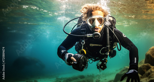 Underwater portrait of a male scuba diver looking at camera.