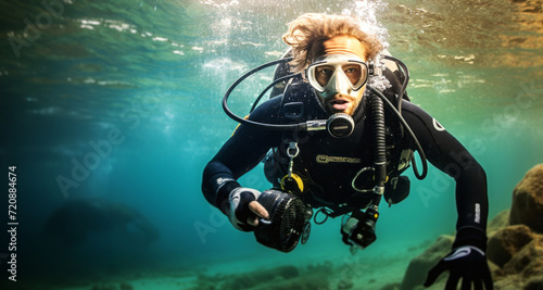 Underwater portrait of a male scuba diver looking at camera. © YannTouvay