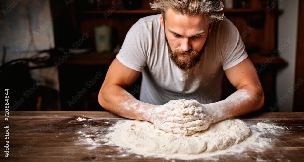 Man kneads the dough on the table in the kitchen.