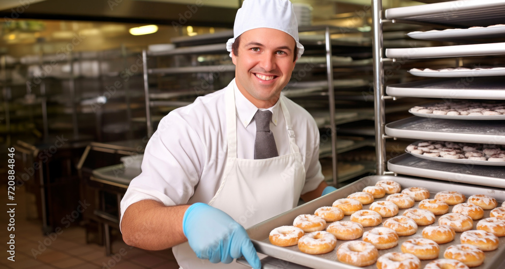 Portrait of a smiling male baker showing freshly baked cookies in a bakery Portrait of a smiling male baker showing freshly baked cookies in a bakery