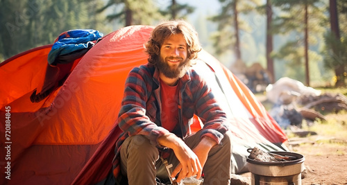 Handsome man camping in the forest on a sunny day.