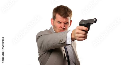 Angry businessman with gun isolated on white background. Studio shot.