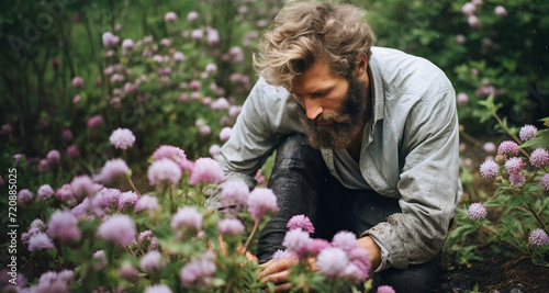Fototapeta Naklejka Na Ścianę i Meble -  A young man with a beard and mustache sits among the pink flowers of clover.