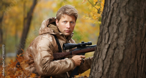 Young man with a rifle in the autumn forest. Selective focus.