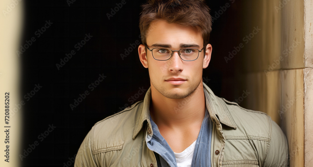 Fototapeta premium Portrait of a handsome young man in glasses and a green jacket