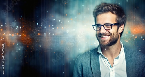 Portrait of a handsome young man wearing glasses, standing against a futuristic background.