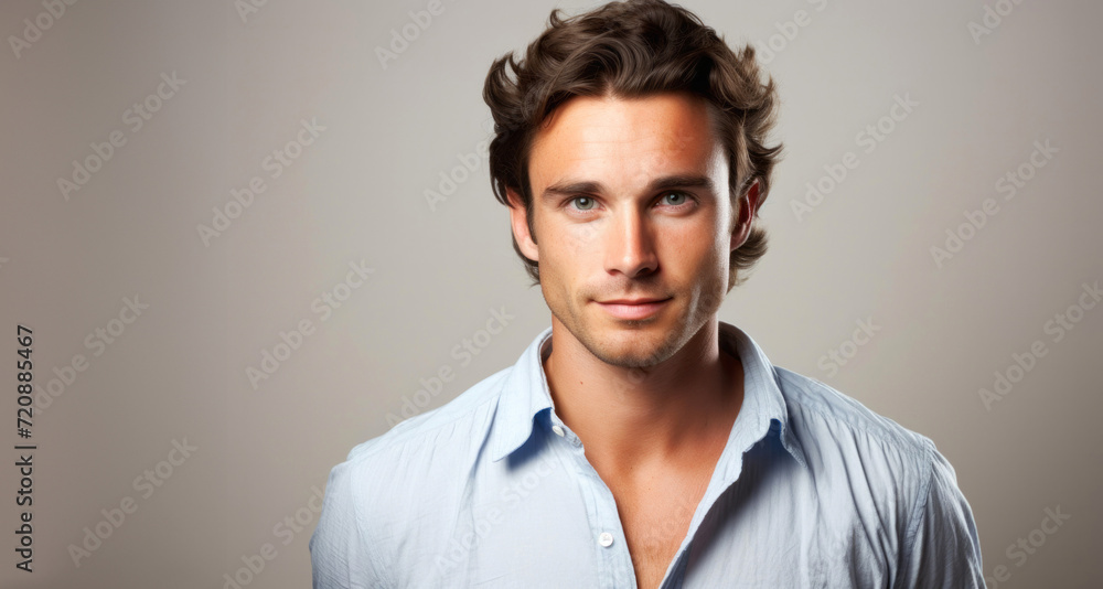 Portrait of a handsome young man in blue shirt on gray background Portrait of a handsome young man in blue shirt on gray background