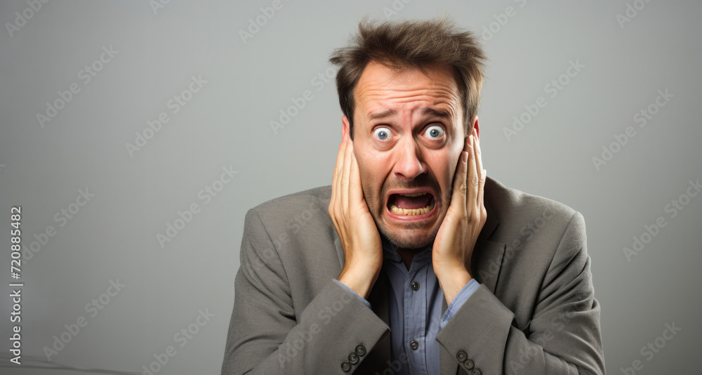 Man with grey jacket covering his face with both hands and looking surprised Man with grey jacket covering his face with both hands and looking surprised