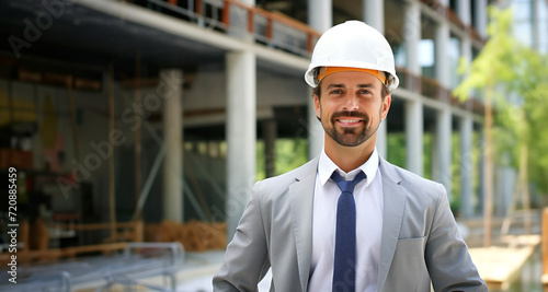 Portrait of a smiling male architect on the background of a construction site