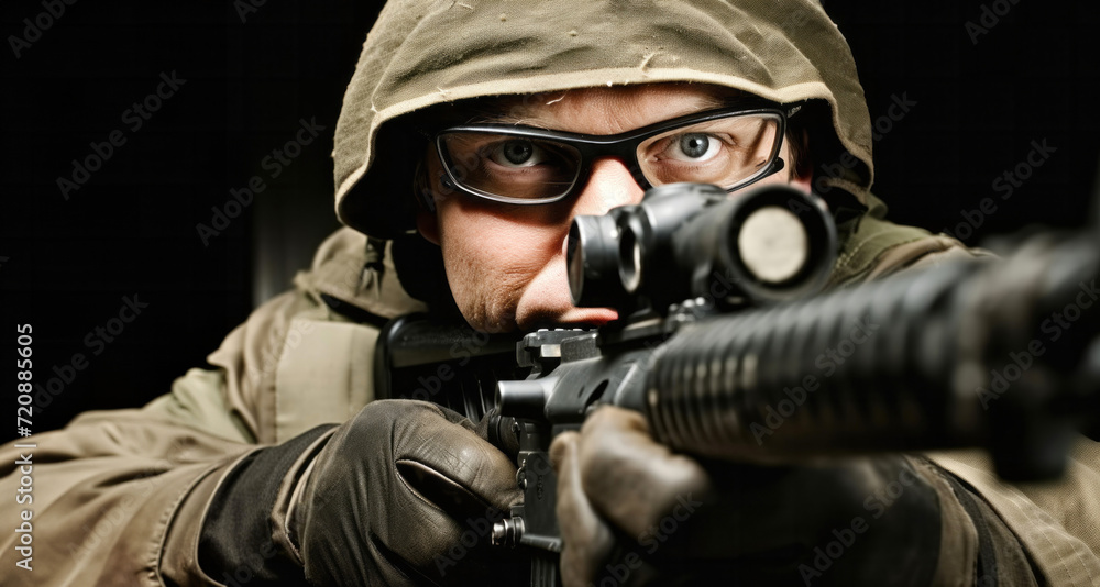 Portrait of a special forces soldier with assault rifle on black background