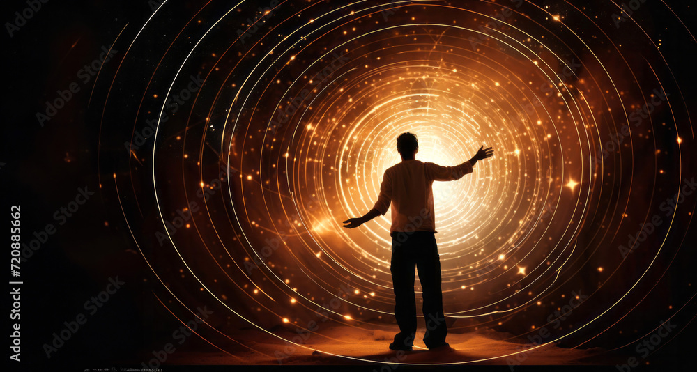 Silhouette of businessman standing with his back against glowing spiral design Silhouette of businessman standing with his back against glowing spiral design