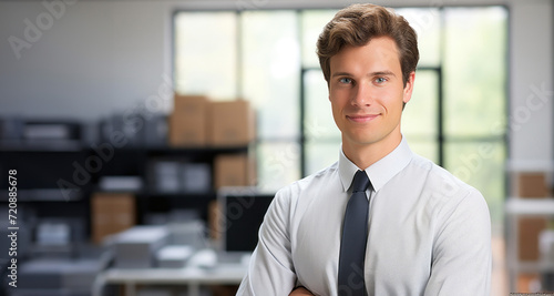 Portrait of a smiling young businessman standing in office with arms crossed