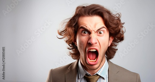 Portrait of a young businessman screaming isolated on a gray background. © YannTouvay