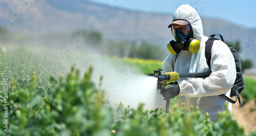 Man in hazmat suit spraying pesticides on field. Spraying pesticide in agriculture.