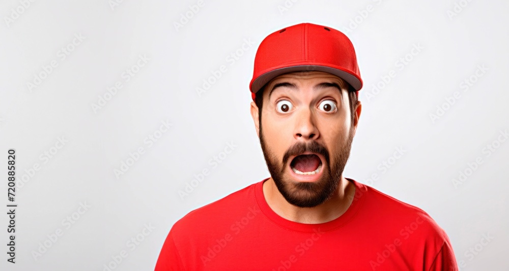 Surprised man in red t-shirt and cap on white background Surprised man in red t-shirt and cap on white background