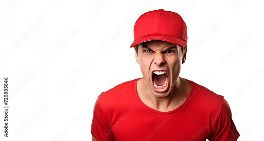Angry man in red t-shirt and cap screaming isolated on white background Angry man in red t-shirt and cap screaming isolated on white background