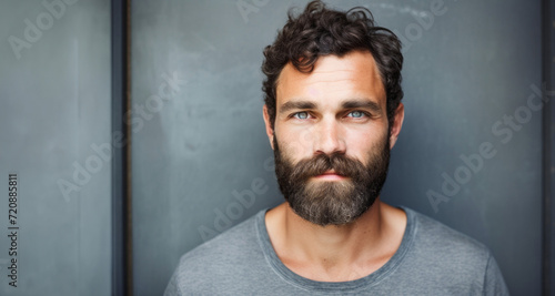 Portrait of handsome bearded man standing against grey wall with copy space © YannTouvay