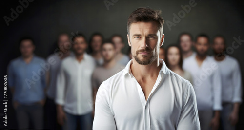 Portrait of a handsome man in front of a group of people