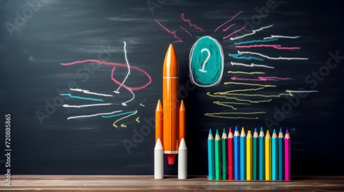 Creative rocket launch: startup concept sketch on blackboard with colorful pencils - back to school innovation photo