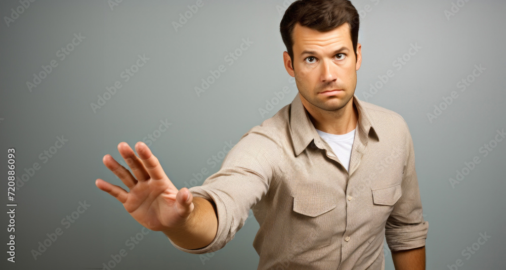 Young man making stop gesture with his hand and looking at the camera on grey background Young man making stop gesture with his hand and looking at the camera on grey background