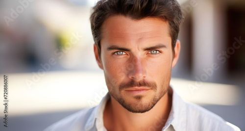 Portrait of a handsome young man with blue eyes in a white shirt
