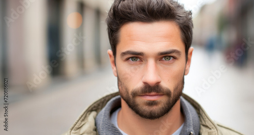 Portrait of handsome young man with beard and mustache in urban background