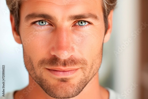 Close up portrait of a handsome young man with blue eyes looking at camera