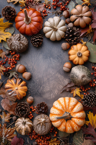 Autumn holiday frame with decorative pumpkins, dried foliage, berries, pinecones, and acorns