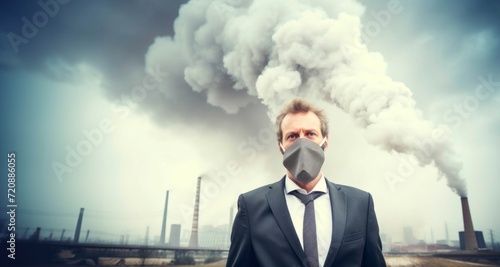 Businessman wearing a mask against smoke coming out of a power plant
