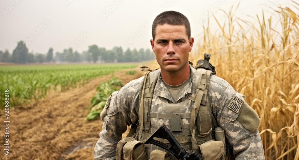 Soldier in a wheat field in the fog. Selective focus.