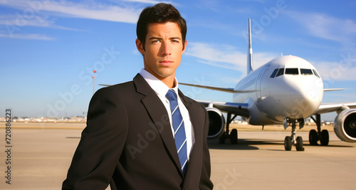 Portrait of a young businessman standing in front of an airplane.