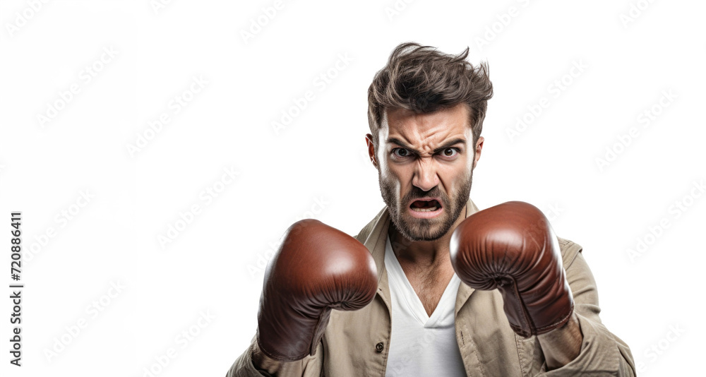 Angry young man with boxing gloves isolated on a white background.
