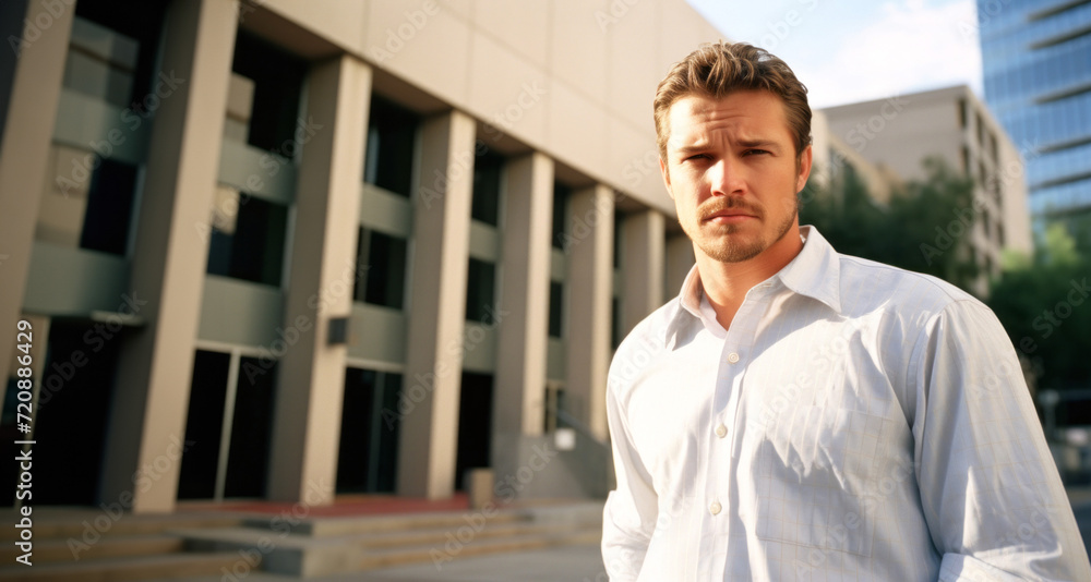Portrait of a handsome young man standing in front of office building Portrait of a handsome young man standing in front of office building