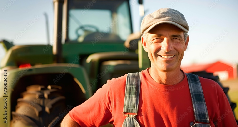 Portrait of smiling farmer standing in front of tractor on sunny day Portrait of smiling farmer standing in front of tractor on sunny day