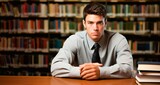 Portrait of a handsome young man in a library. Looking at camera.