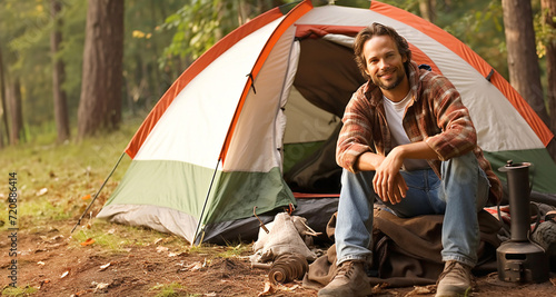 Handsome young man sitting in front of his tent in the forest