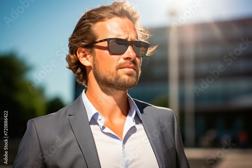 Portrait of a handsome young man in a business suit with sunglasses